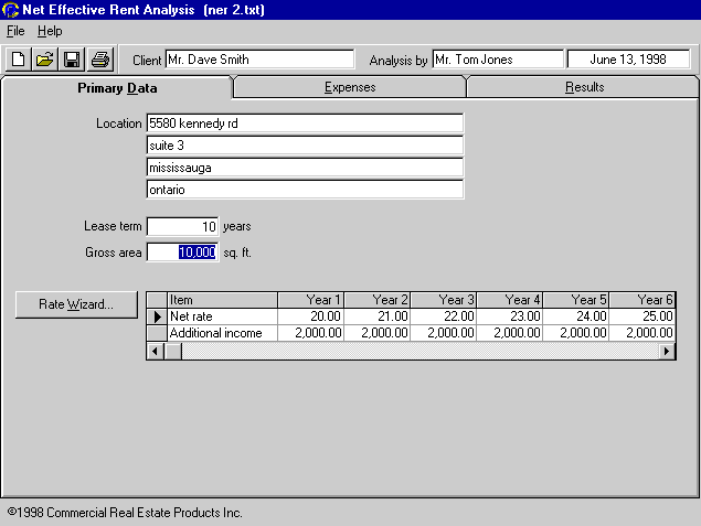 Commercial Pro Net Effective Rent Analysis - Primary Data tab